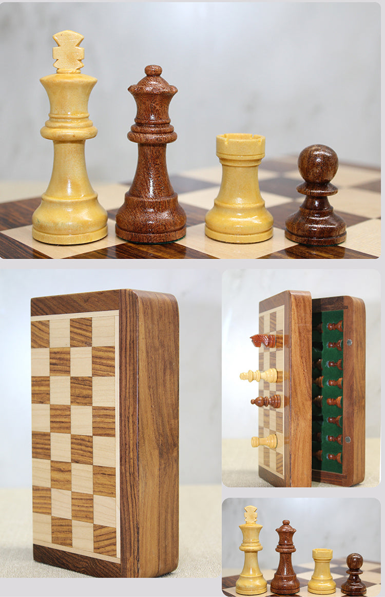 Özel Vernikli Mıknatıs Taşlı Ahşap Katlanabilir Kutulu Satranç Oyunu 17.5 Cm