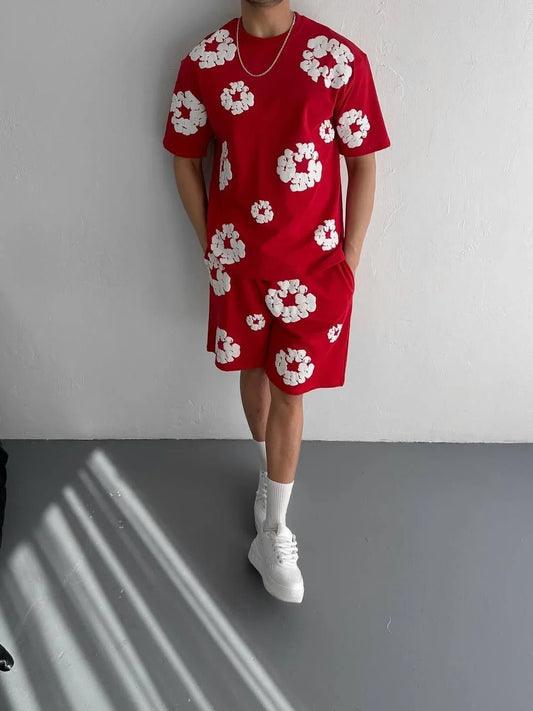 İki İplik Kumaş Baskılı T-shirt Şortlu Takım- Kırmızı