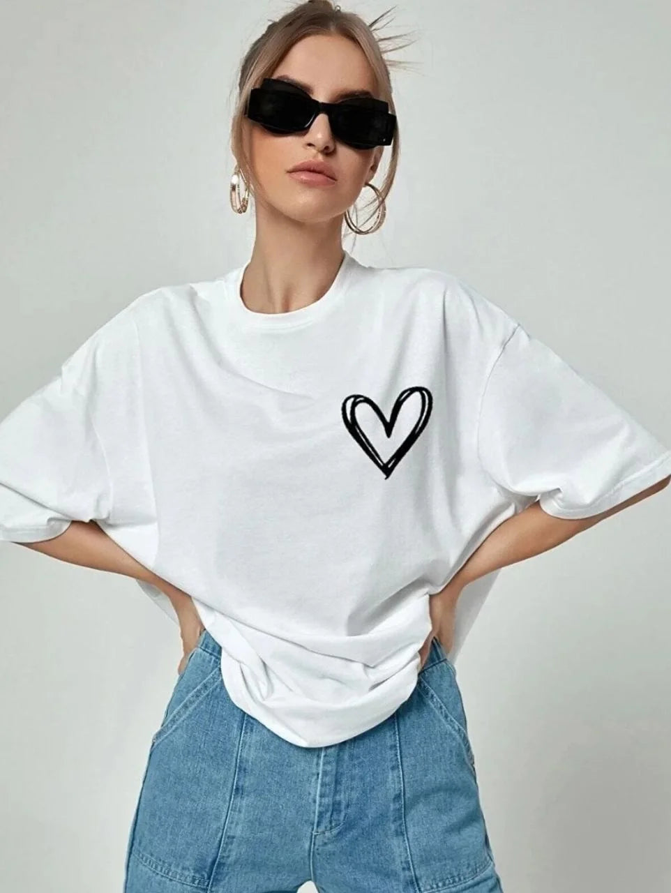 Kadın Bisiklet Yaka Baskılı Oversize T-Shirt - Siyah