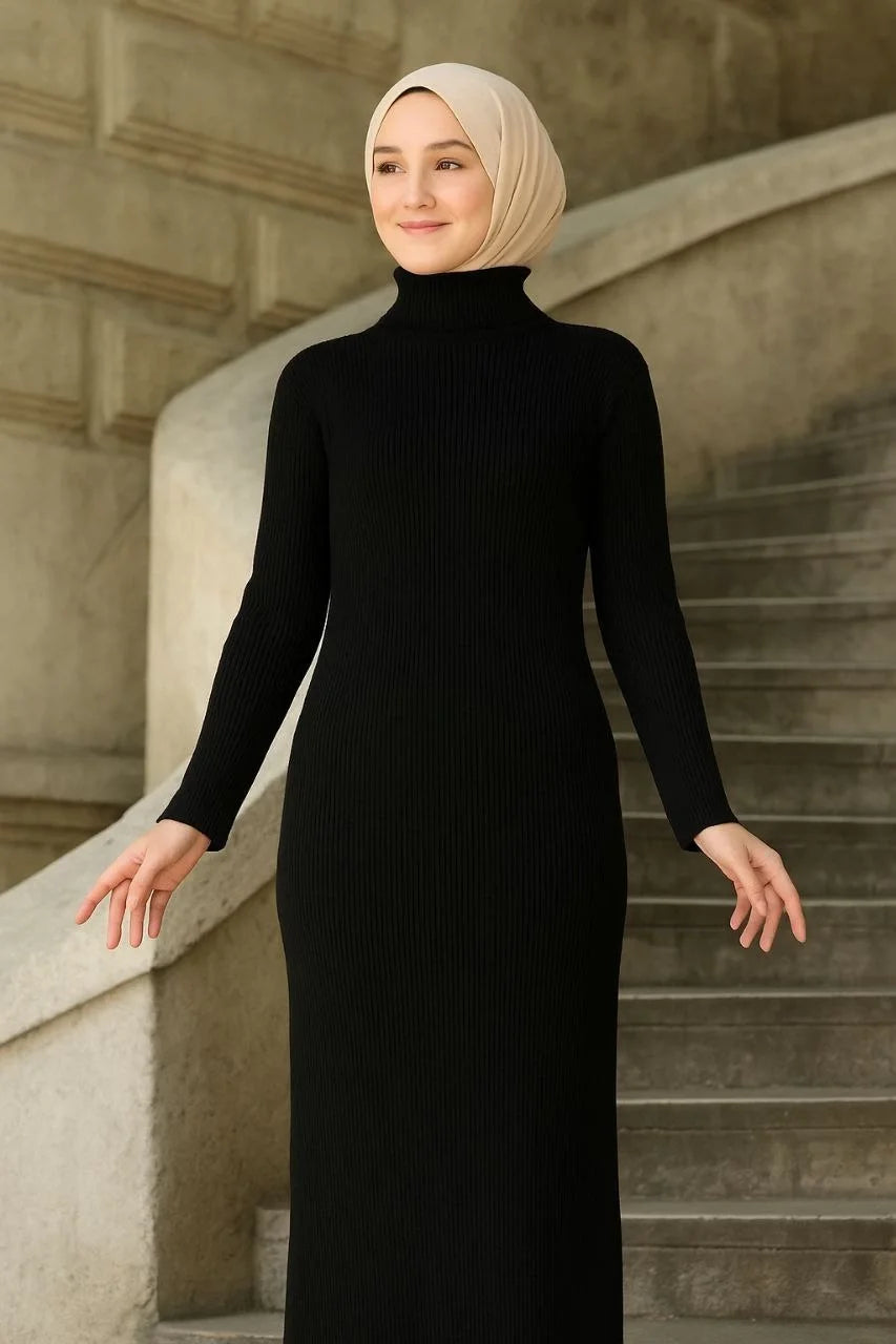 Kadın Tesettür Triko Elbise – Boğazlı Uzun Fitilli Dokuma, Esnek Tam Kalıp, 130 cm Midi Boy, Bahar & Kış Şık Rahat Stil - Kahverengi