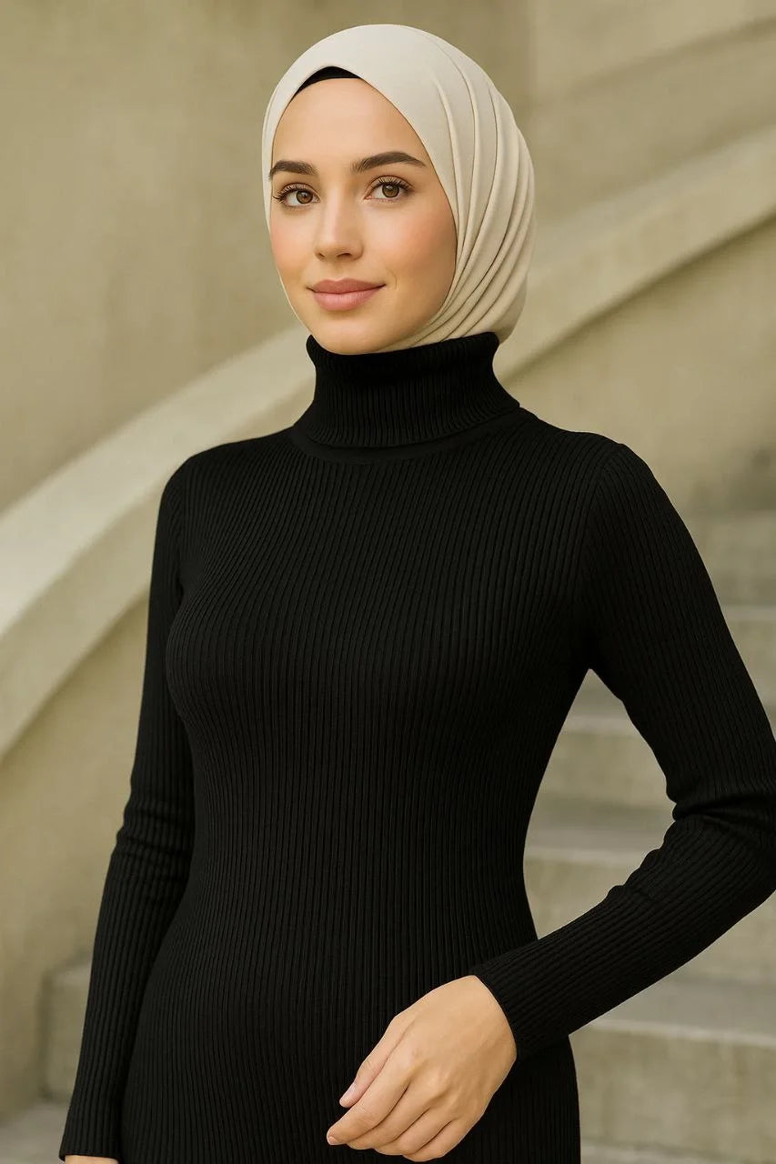 Kadın Tesettür Triko Elbise – Boğazlı Uzun Fitilli Dokuma, Esnek Tam Kalıp, 130 cm Midi Boy, Bahar & Kış Şık Rahat Stil - Kahverengi