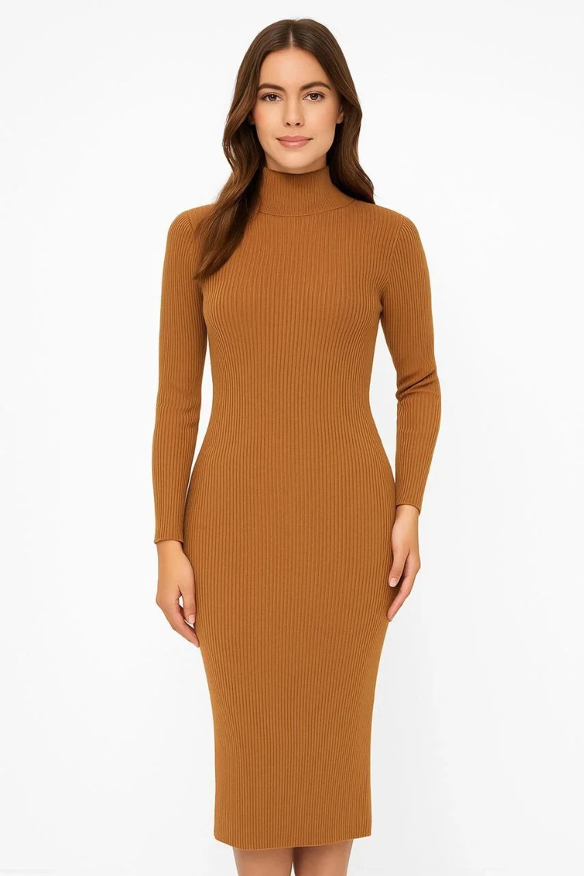 Kadın Tesettür Triko Elbise – Boğazlı Uzun Fitilli Dokuma, Esnek Tam Kalıp, 130 cm Midi Boy, Bahar & Kış Şık Rahat Stil - Kahverengi