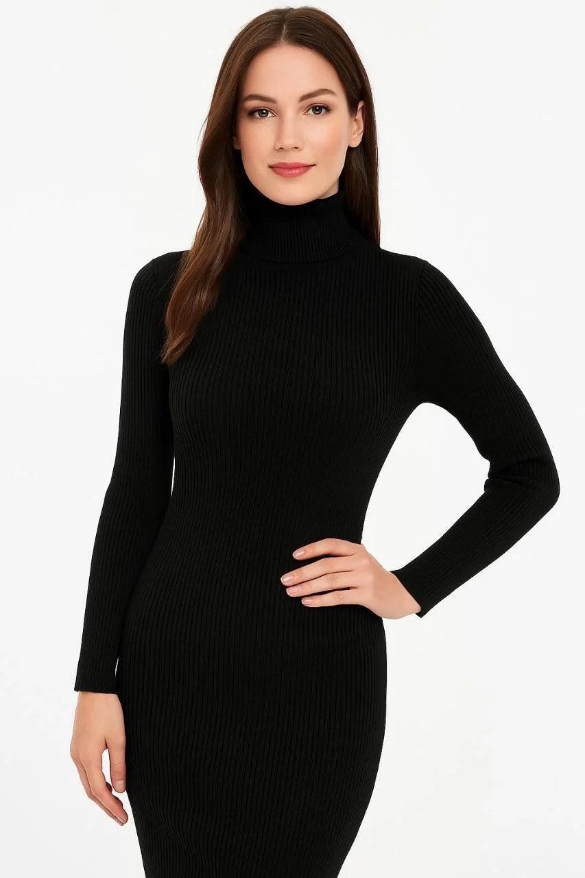 Kadın Tesettür Triko Elbise – Boğazlı Uzun Fitilli Dokuma, Esnek Tam Kalıp, 130 cm Midi Boy, Bahar & Kış Şık Rahat Stil - Kahverengi