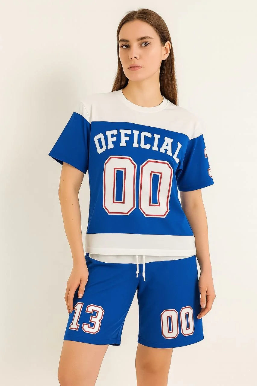 Erkek Şortlu Takım – Oversize İki İplik Kumaş, Ön & Arka Dijital Baskılı Tişört ve Lastikli Cepli Şort, Yazlık Günlük Spor Set - Mavi