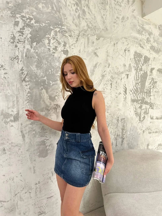 Kadın Kolsuz Yarım Bağazlı Badi bluz - Siyah