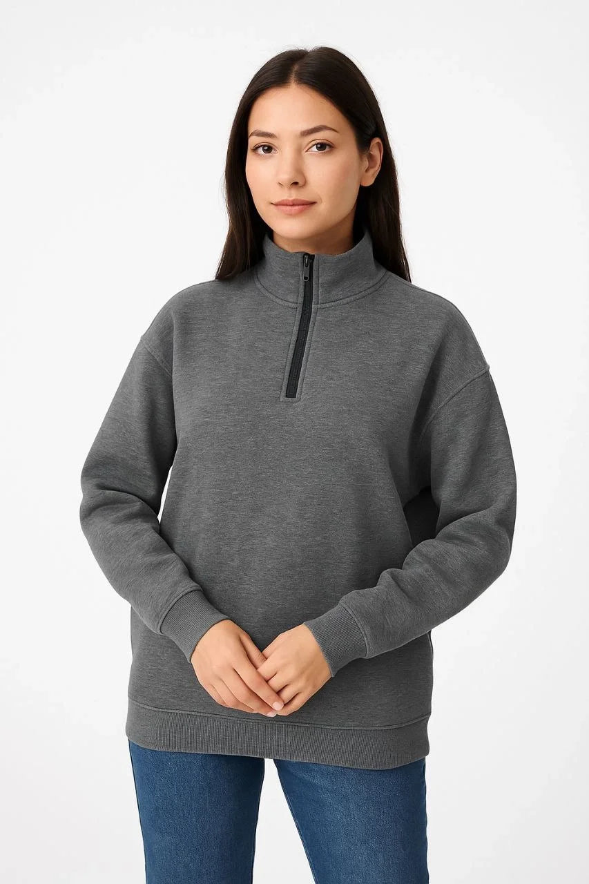 Erkek Dik Yaka Sweatshirt Dik Yaka Yarım Fermuarlı 3 İplik Şardonlu Pamuk Kumaş - Beyaz