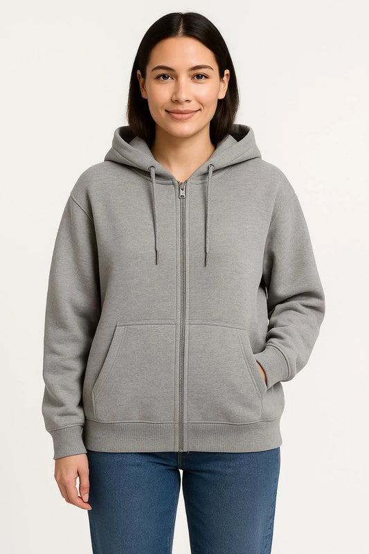 Kadın Üç İplik Kapüşonlu Tam Fermuarlı Kanguru Çepli SweatShirt Hoodie - Gri