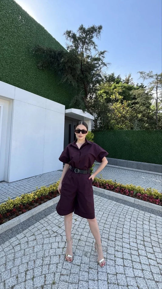 Kadın Yakalı Gömlek Kemerli Şortlu Takım - Bordo