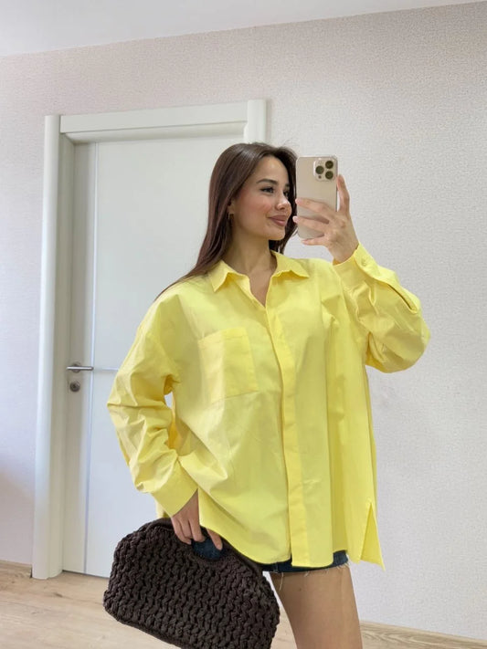 Poplin Kadın Yakalı Yandan Yırtmaçlı Arka Pens Detaylı Gömlek - Sarı