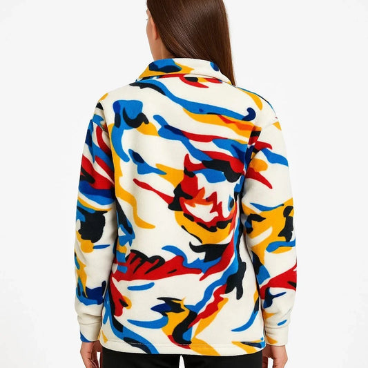 Kadın Yarım Fermuarlı Desenli Polar Sweat – Renkli Abstract Desen Yakalı, Uzun Kollu, Oversize Rahat Kalıp - Beyaz