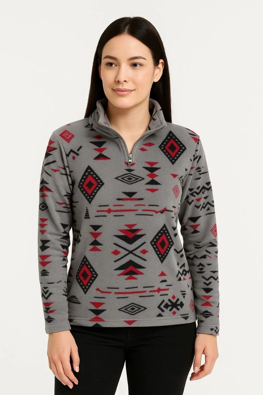 Kadın Yarım Fermuarlı Desenli Polar Sweat Tribal Etnik Desen Yakalı, Uzun Kollu, Oversize Rahat Kalıp - Siyah