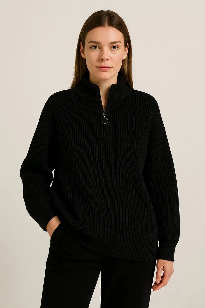 KADIN Yarım Fermuarlı Triko Kazak – Selanik Örgü, Dik Yaka, Pamuklu Dokuma, Oversize Uzun Kollu Kışlık Model - Siyah