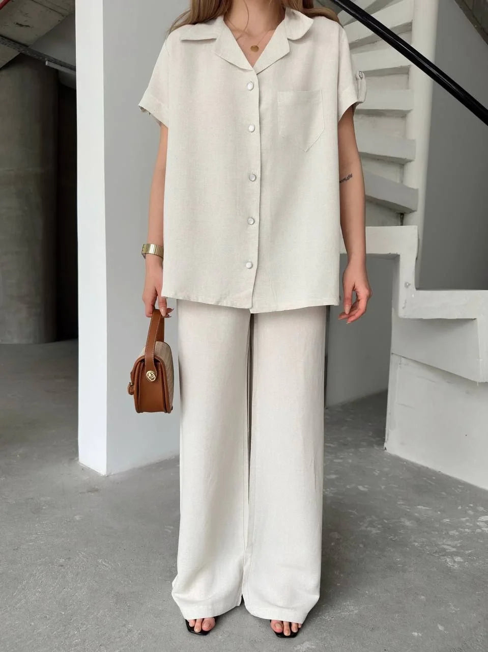 Keten Kısa Kollu Cepli Gömlek Pantolon ikili Takım - Beyaz