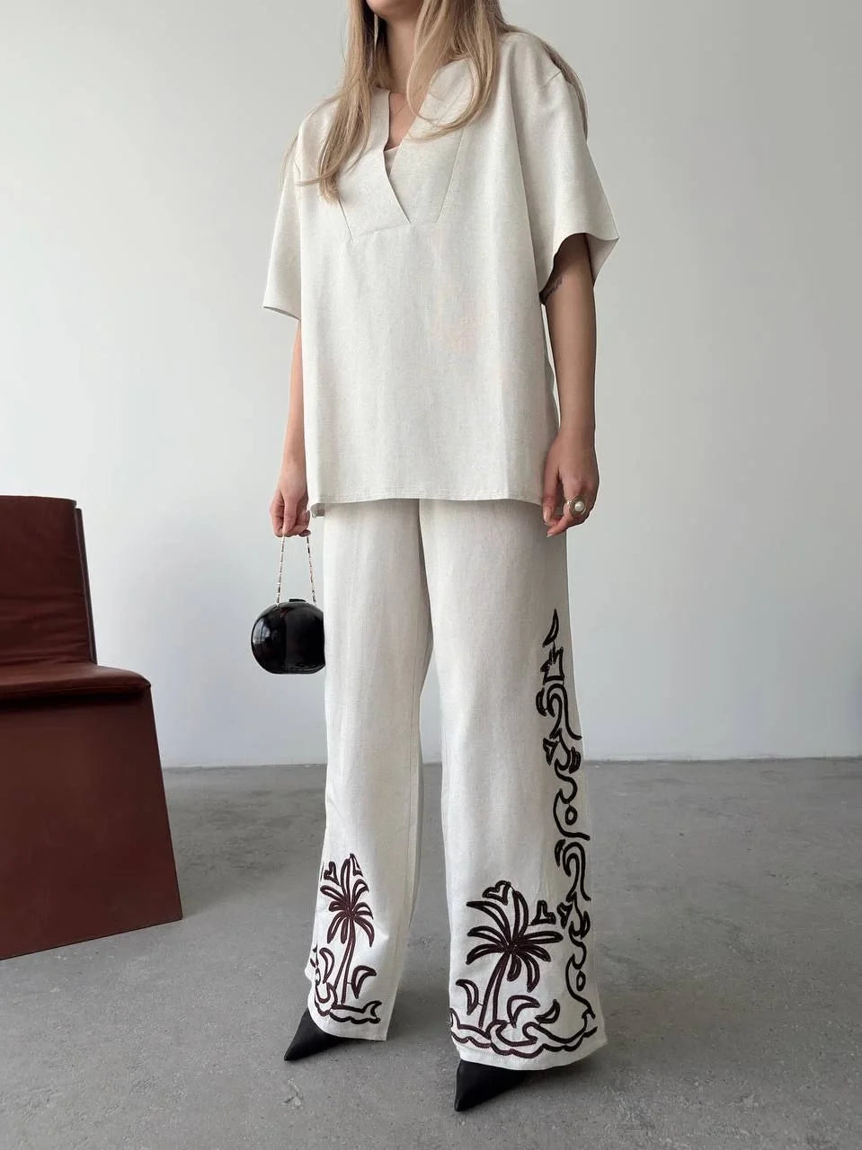 Keten Kısa kolu V Yaka Bluz Pantolon ikili Takım- Beyaz