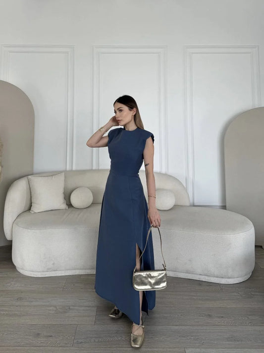 Keten Yandan Yırtmaçlı Uzun Elbise Sıfır Kol Elbise - Mavi