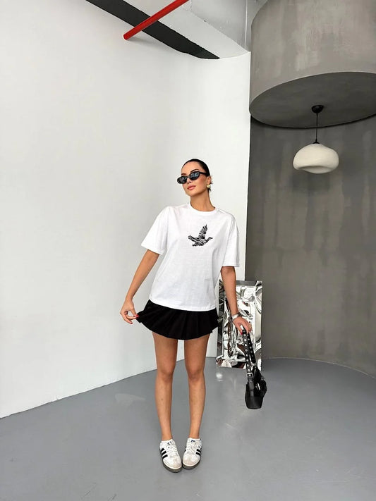 Kısa Kol Baskılı T-shirt - Beyaz