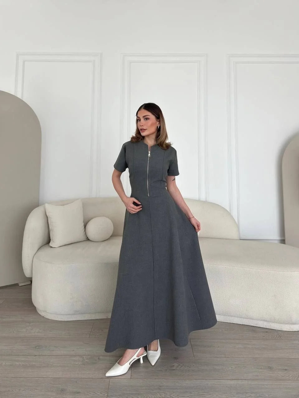 Kısa Kollu Önden Fermuarlı Çan Etekli Uzun Elbise - Antrasit