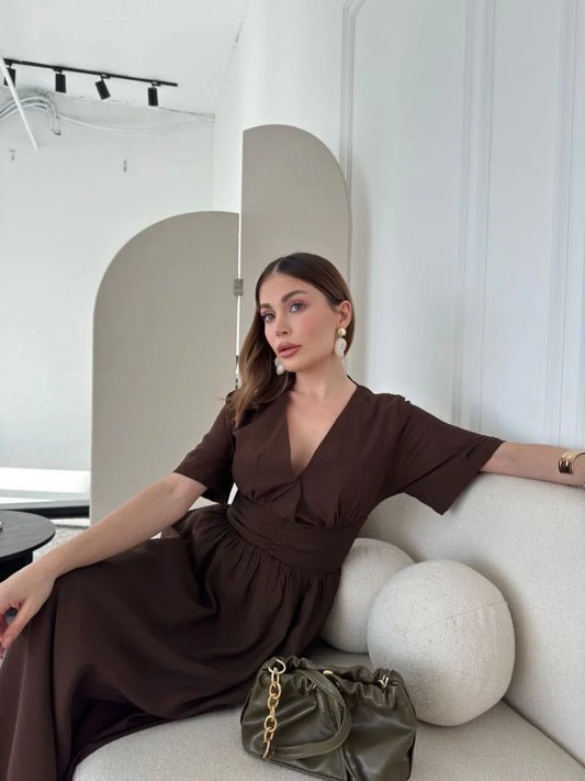 Kısa Kollu Uzun Elbise - Kahve