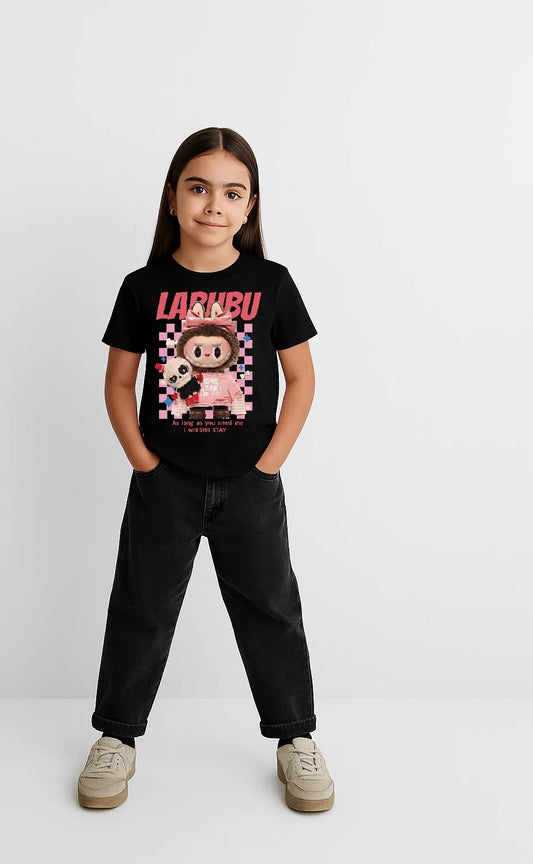 Kız Labubu Çocuk Baskılı T-Shirt - Siyah