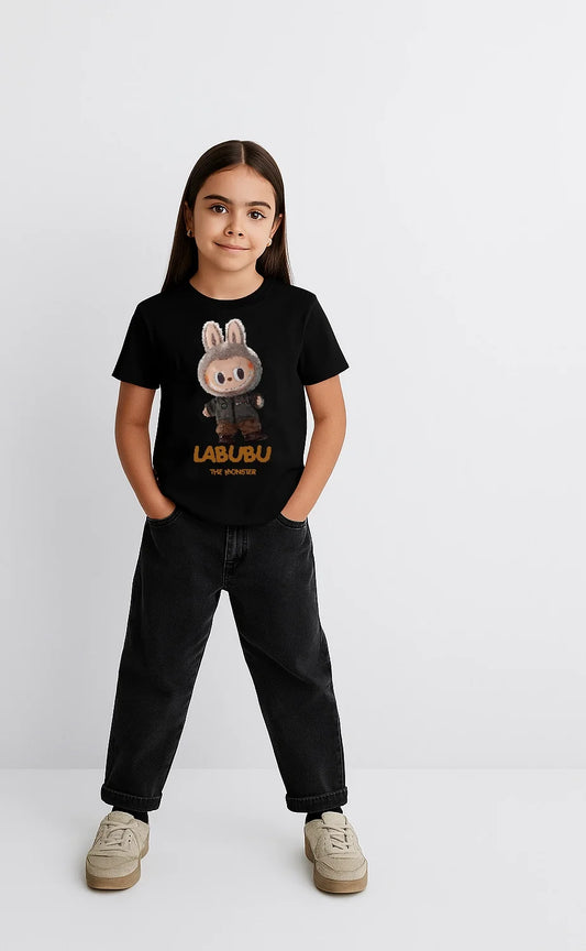 Kız Labubu Çocuk Baskılı T-Shirt - Siyah
