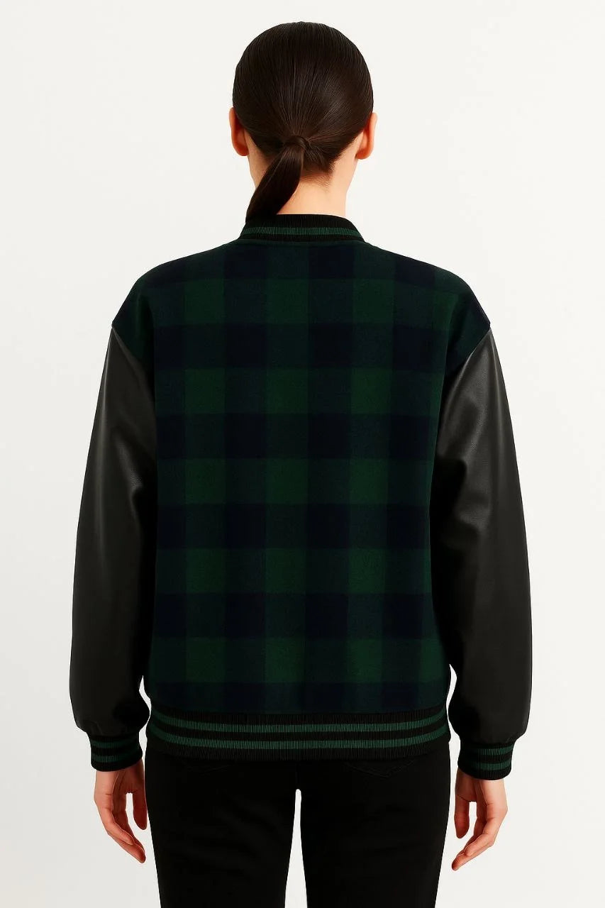 Kadın Kolej Ceket – Kareli Oduncu Kumaş, Kolları Suni Deri, Fermuarlı, İçi Kapitone Astarlı, Nakışlı Oversize Bahar & Kış Stil - Gri