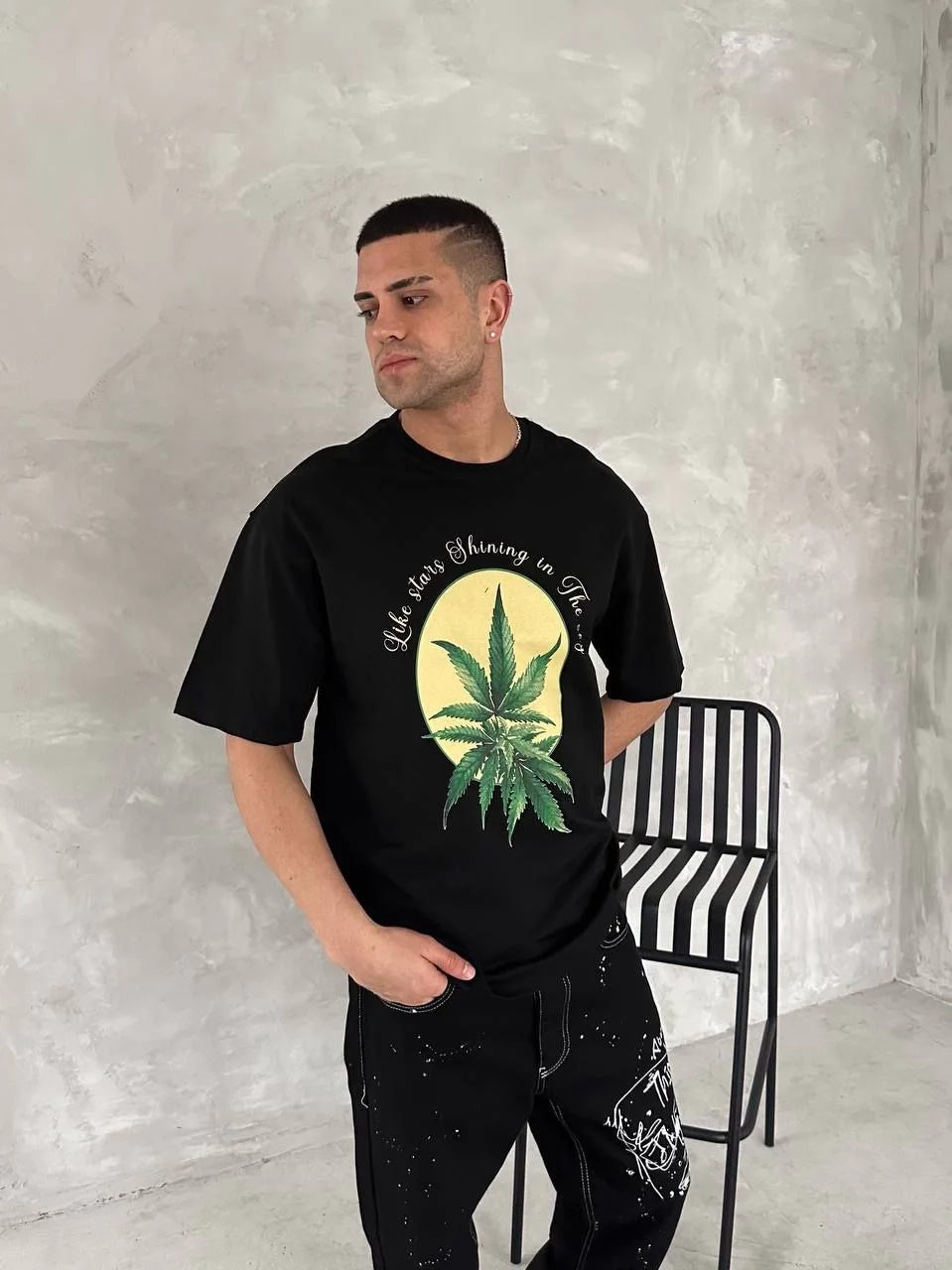 Ön ve Arka Baskılı Oversize Bisiklet Yaka T-shirt- Beyaz