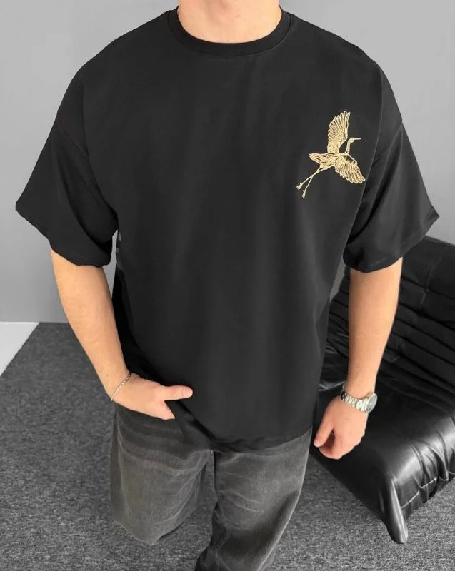 Ön ve Arka Baskılı Oversize Bisiklet Yaka T-shirt - Beyaz