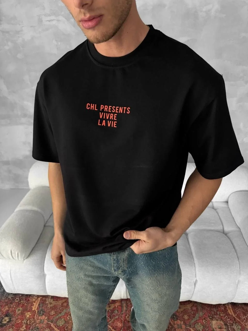 Ön ve Arka Baskılı Oversize Bisiklet Yaka T-shirt- Beyaz