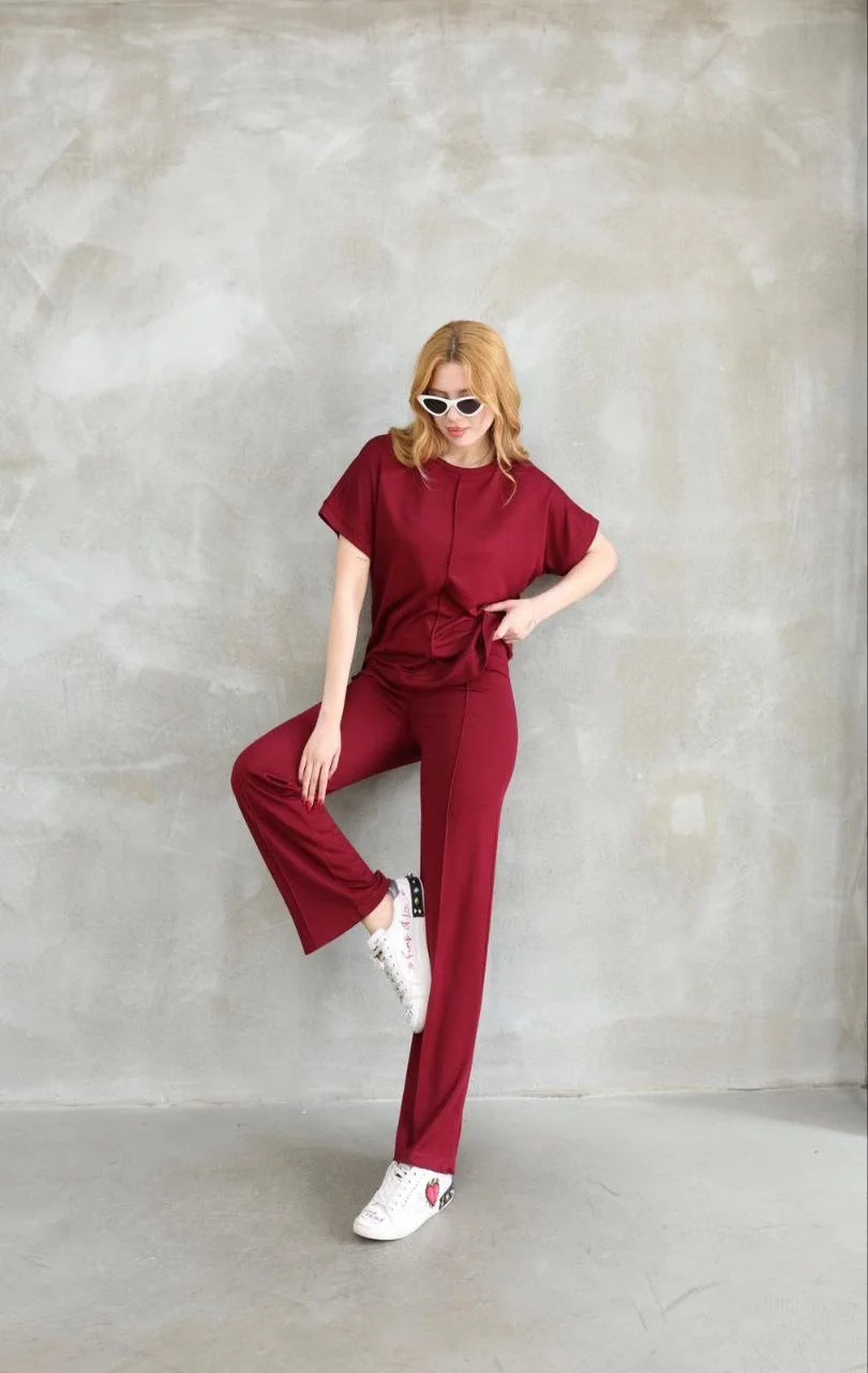 Osy Modal Yumuşak dokulu Kumaş Bisiklet Yaka Kısa Kollu Takım - Bordo