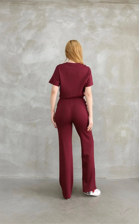 Osy Modal Yumuşak dokulu Kumaş Bisiklet Yaka Parçalı detaylı Kısa Kollu Takım - Bordo