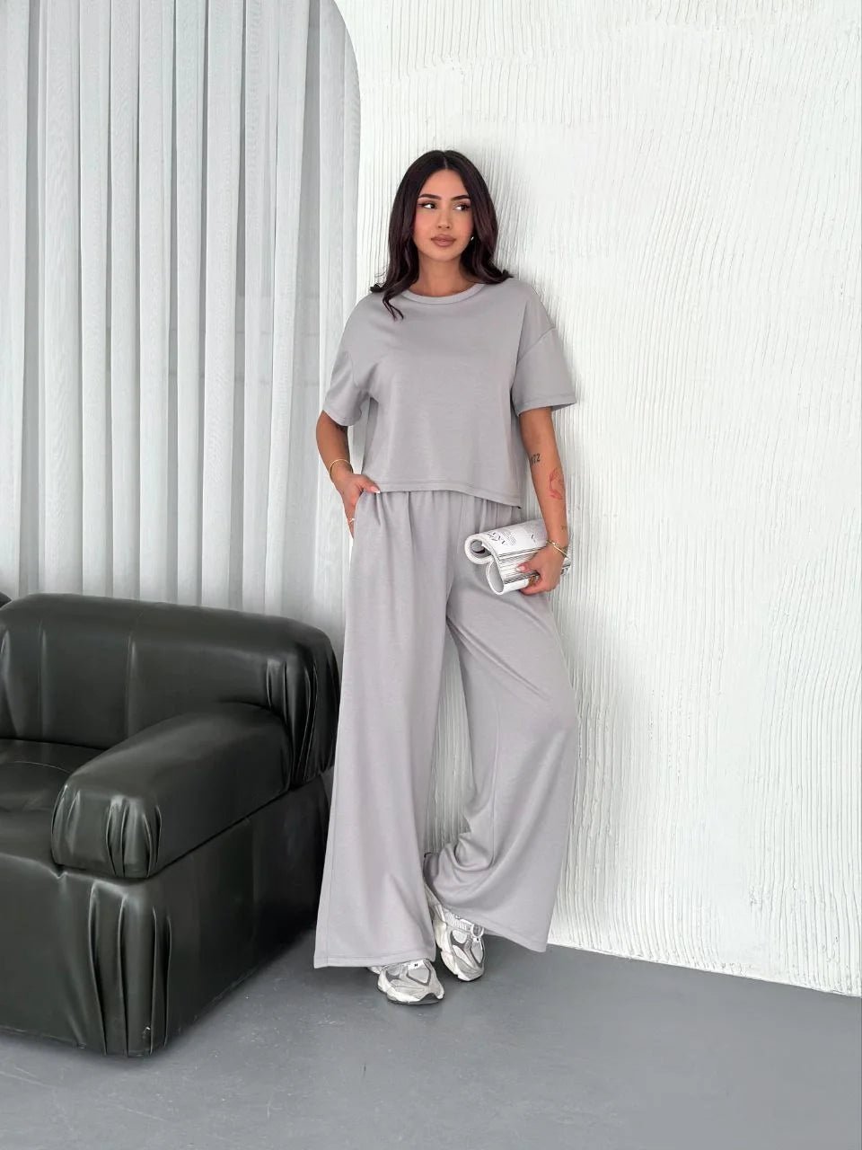 Osy Modal Yumuşak Dokulu Kumaş Bisiklet Yaka T-shirt Bol paça Pantalon ikili Takım - Boyalı Gri