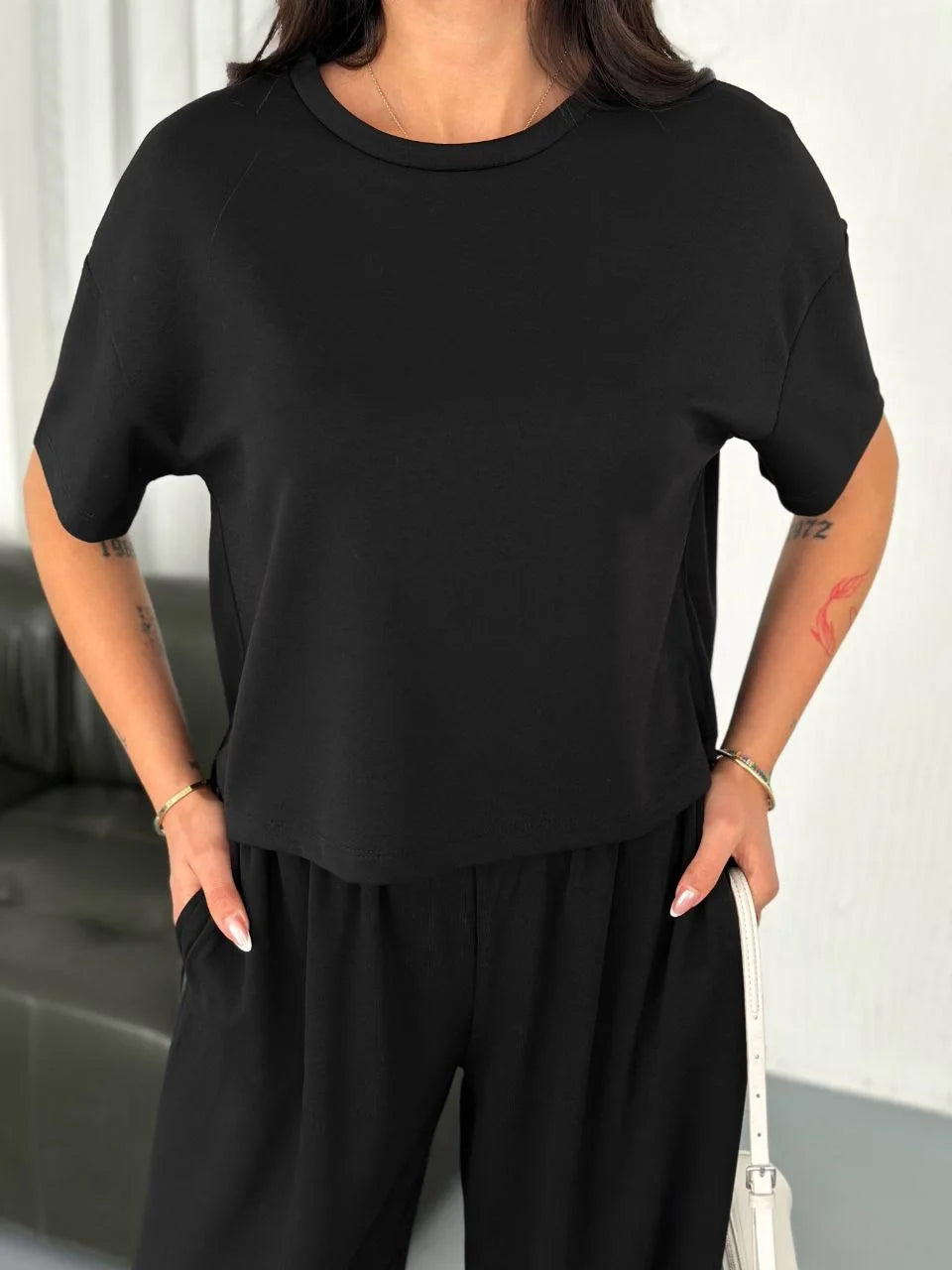 Osy Modal Yumuşak Dokulu Kumaş Bisiklet Yaka T-shirt Bol paça Pantalon ikili Takım - Boyalı Gri