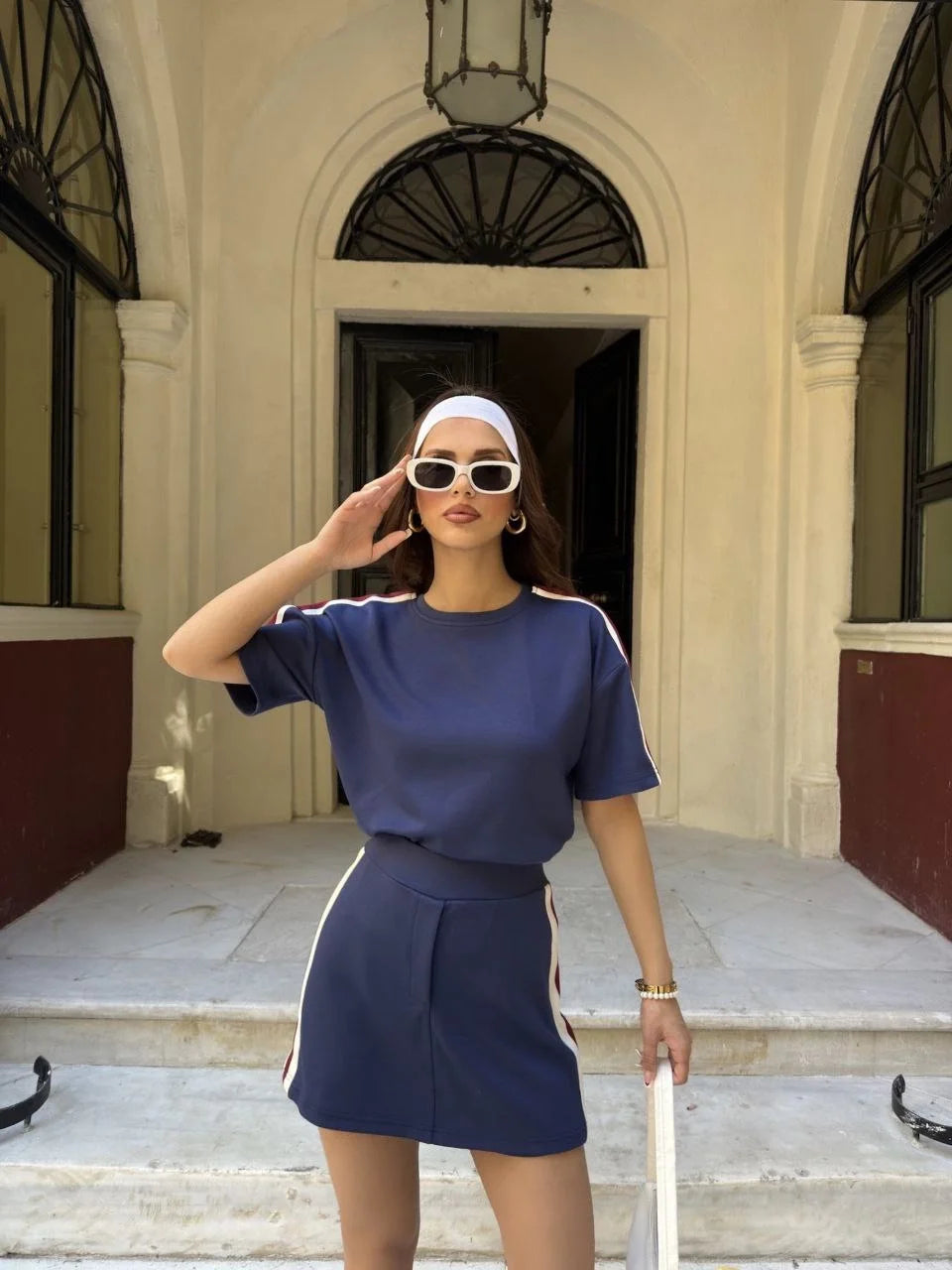 Osy Modal yumuşak dokulu Kumaş Kadın Parçalı Bisiklet Yaka T-shirt Mini Şortlu Etek İkili Takım - Füme