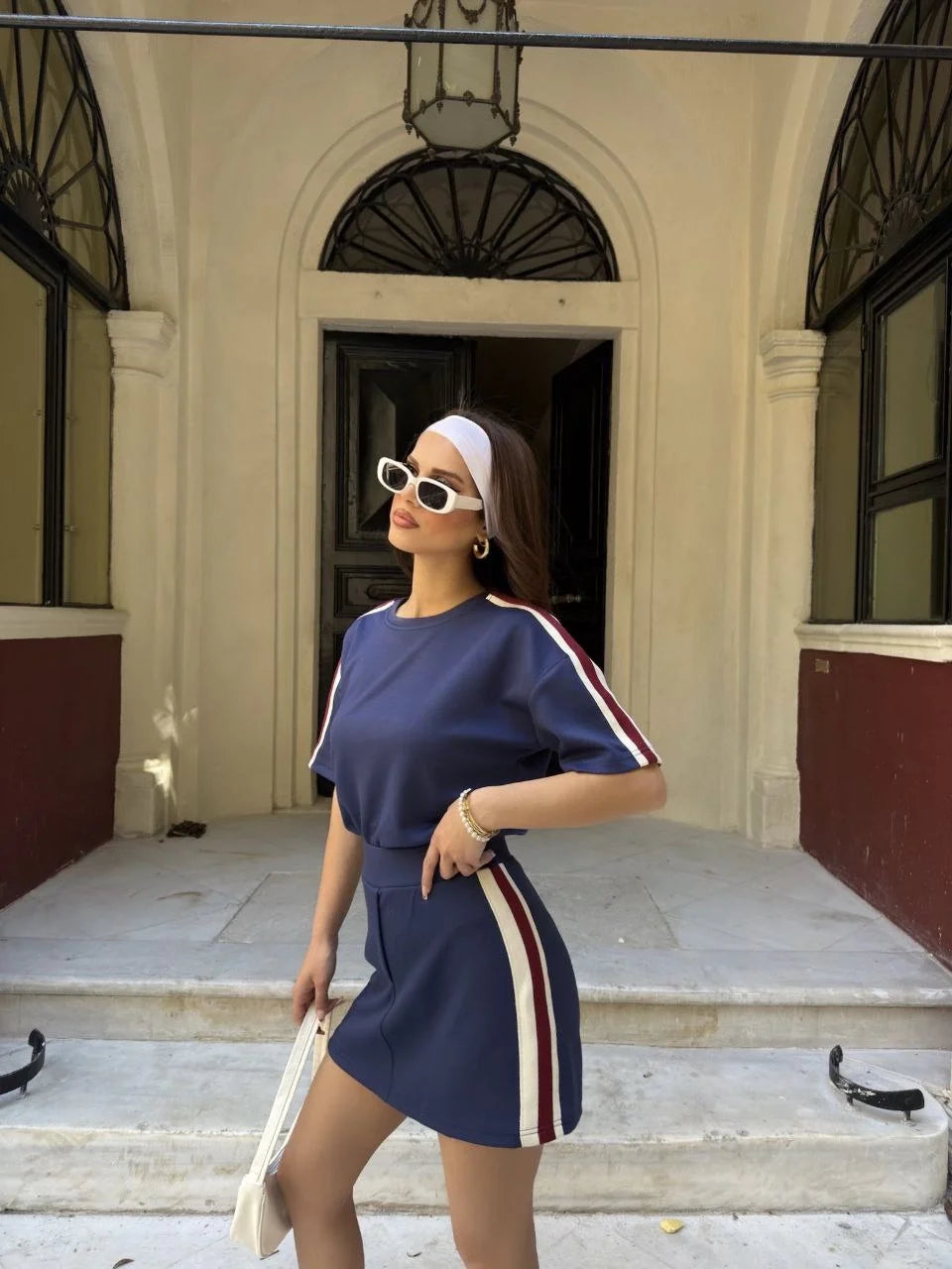 Osy Modal yumuşak dokulu Kumaş Kadın Parçalı Bisiklet Yaka T-shirt Mini Şortlu Etek İkili Takım - Füme