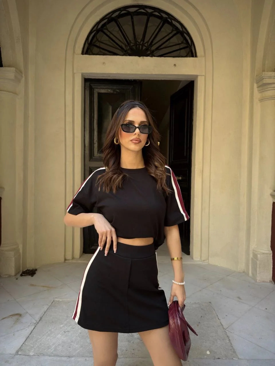 Osy Modal yumuşak dokulu Kumaş Kadın Parçalı Bisiklet Yaka T-shirt Mini Şortlu Etek İkili Takım - Füme