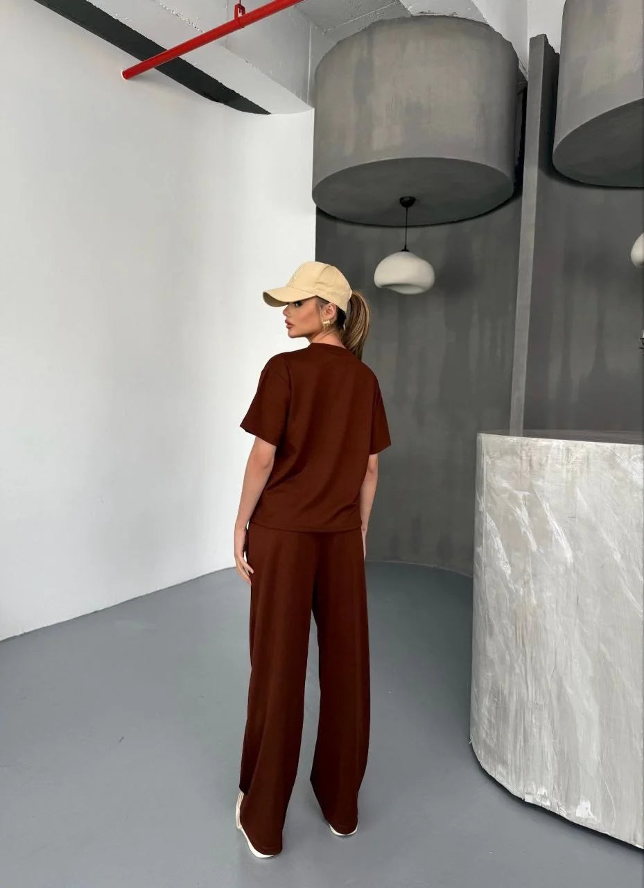 Osy Modal Yumuşak Dokulu Kumaş Kısa Kollu Bluz Rahat Pantalon ikili Takım- Lacivert