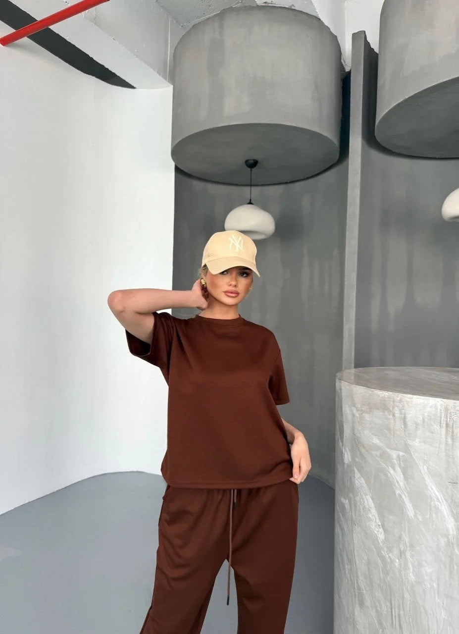 Osy Modal Yumuşak Dokulu Kumaş Kısa Kollu Bluz Rahat Pantalon ikili Takım- Lacivert