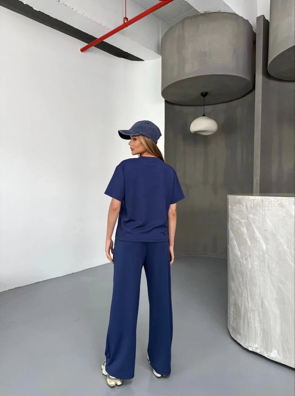 Osy Modal Yumuşak Dokulu Kumaş Kısa Kollu Bluz Rahat Pantalon ikili Takım- Lacivert