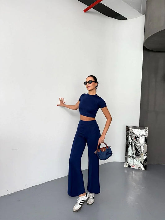 Osy Modal Yumuşak Dokulu Kumaş Kısa Kollu Crop Alt ispanyol Paça Pantalon ikili Takım - Kahverengi