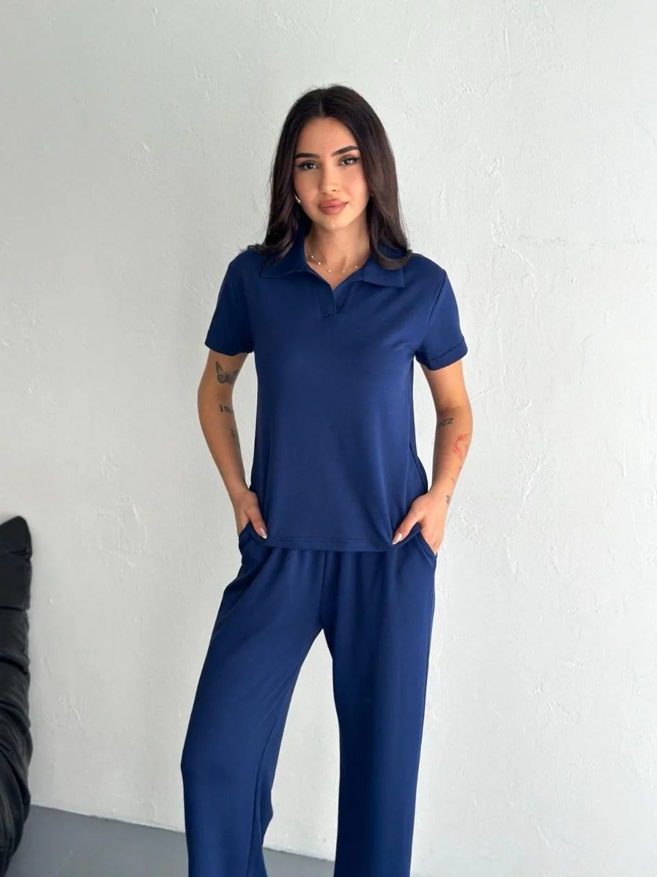 Osy Modal Yumuşak Dokulu Kumaş Kısa Kollu Yakalı T-shirt Pantalon ikili Takım- Siyah