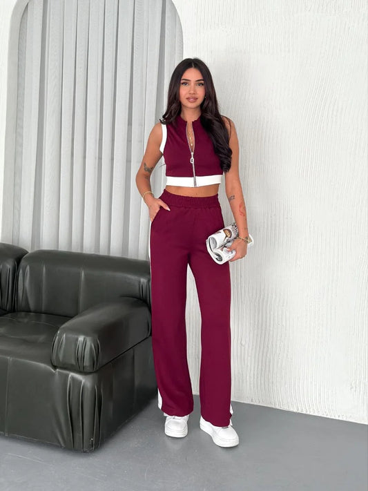 Osy Modal Yumuşak Dokulu Kumaş Tam Fermuarlı Crop Pantalon İkili Takım - Bordo