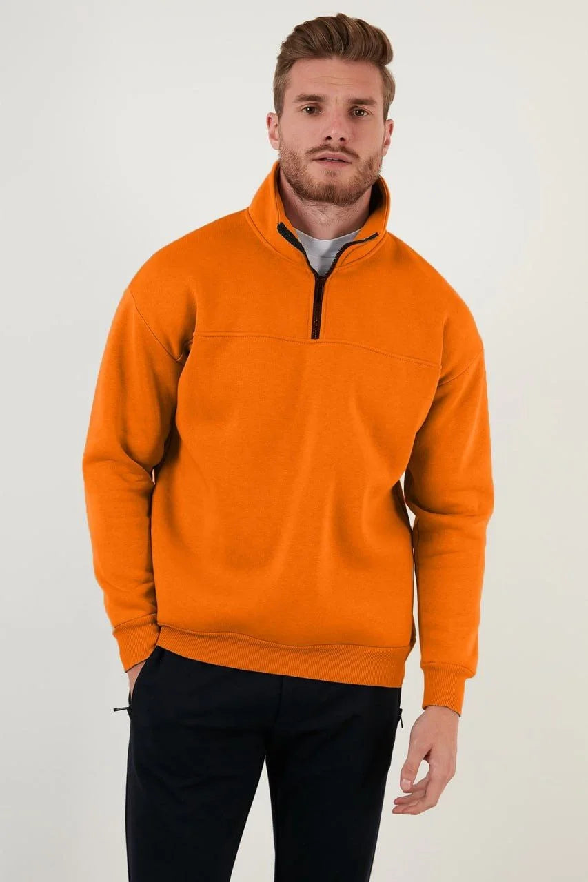 Oversize Yarım Farmuarlı Yakalı Basic SweatShirt - Siyah