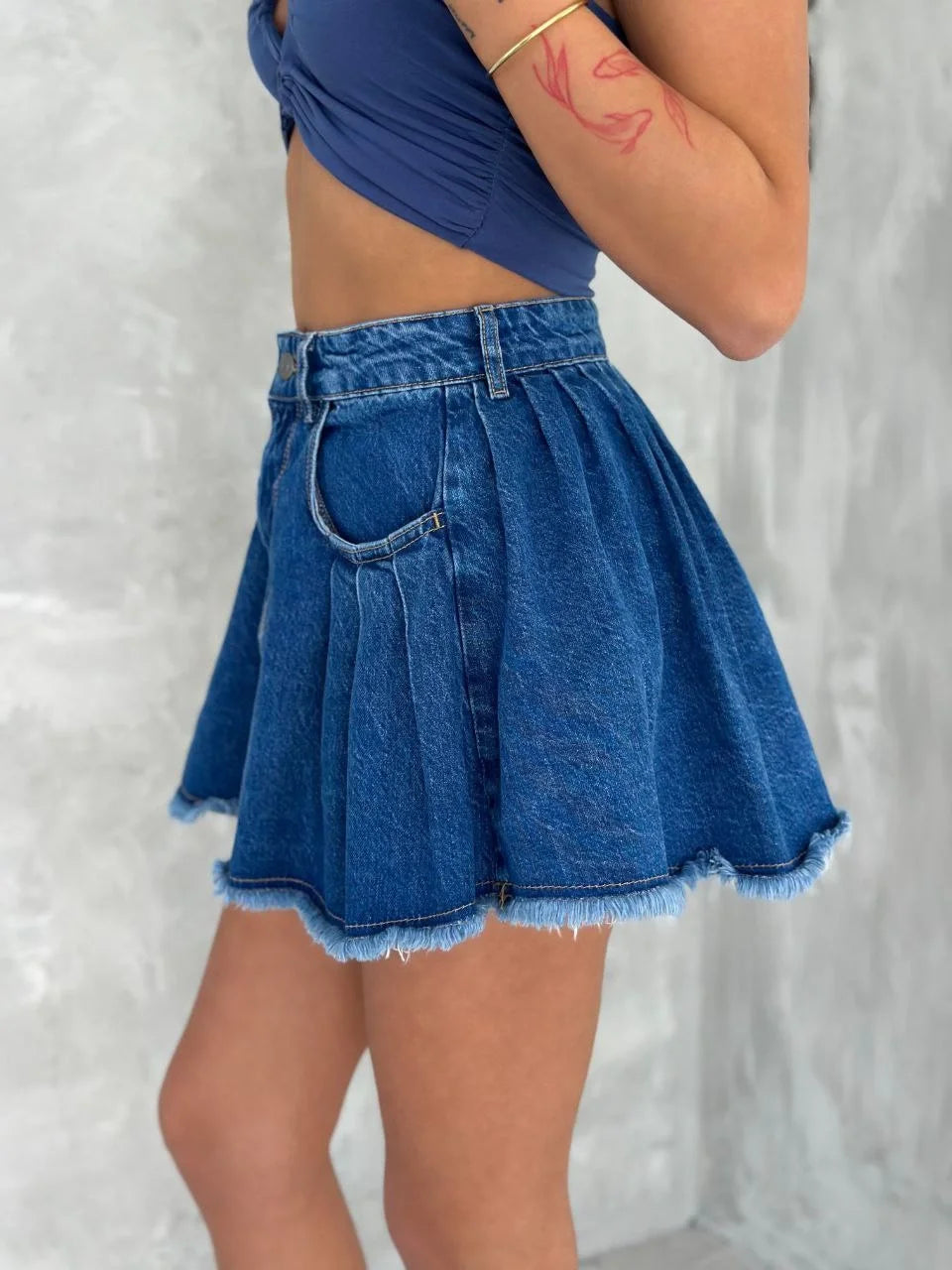 Şık Pileli Yazlık Mini Etekli Kot- Siyah