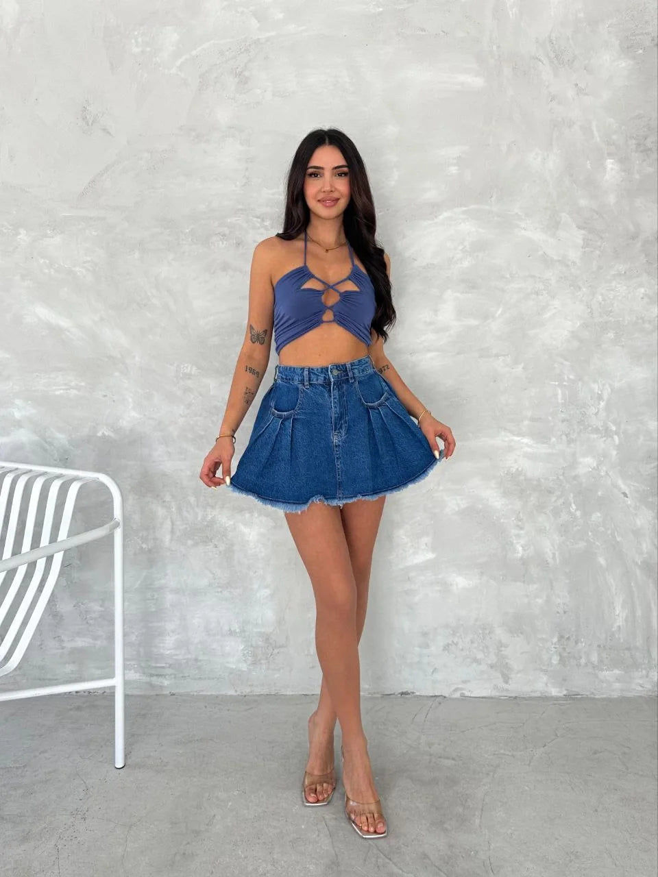 Şık Pileli Yazlık Mini Etekli Kot- Siyah