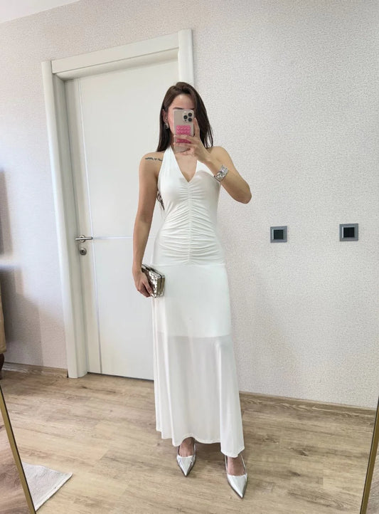 Sırt dekolteli Uzun Elbise - Beyaz