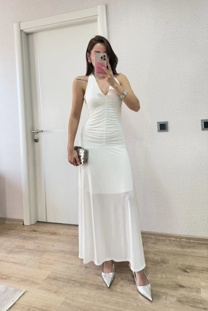 Sırt dekolteli Uzun Elbise - Beyaz