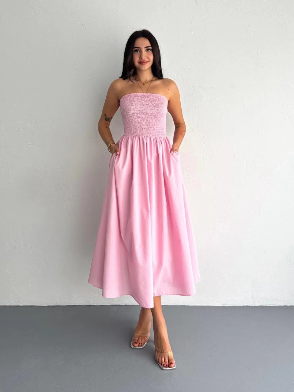 Straplez Pileli Elbise - Su Yeşili