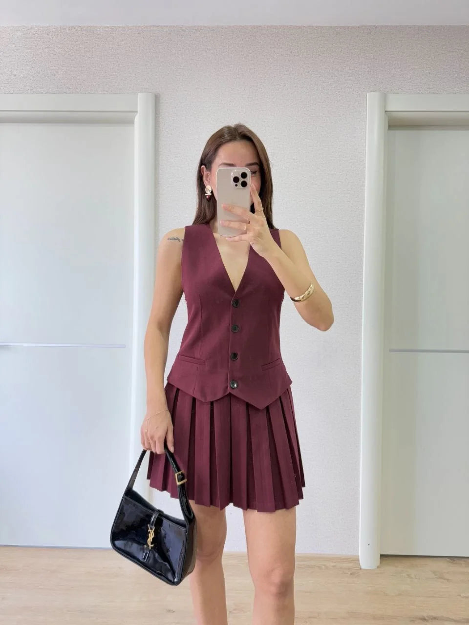 Keten Takım Görünümlü Düğme Detaylı Yelekli Mini Elbise - Bej