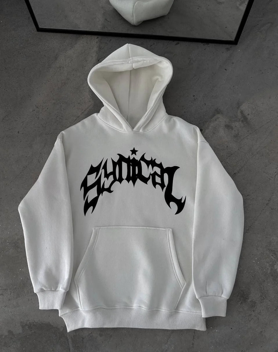 Üç İplik Kapüşonlu Baskılı Oversize SweatShirt- Siyah