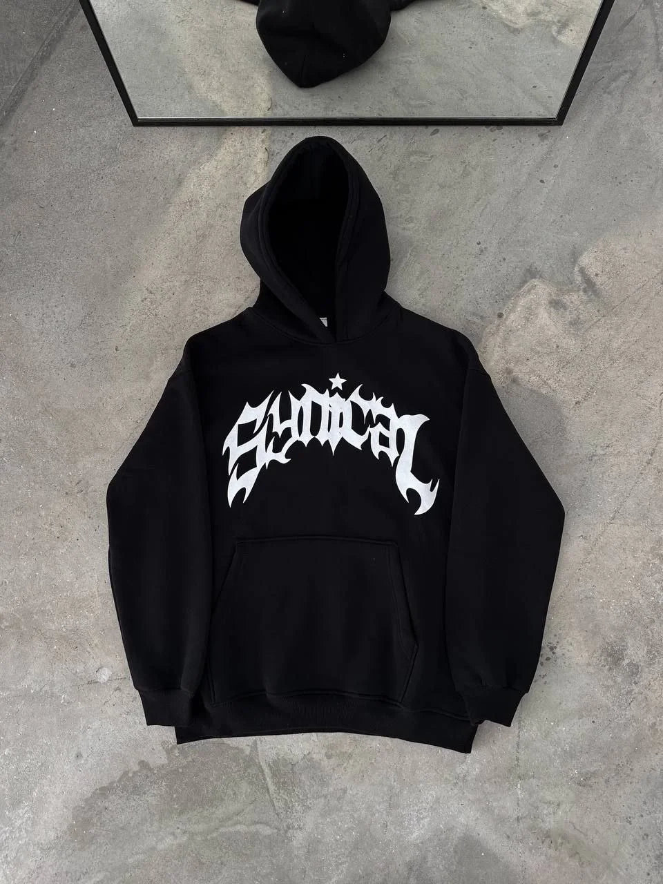 Üç İplik Kapüşonlu Baskılı Oversize SweatShirt- Siyah